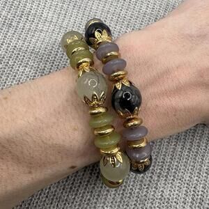 Chunky Beaded Stretch Bracelet Lot Green Black Gray Glass Gold Tone Spacers